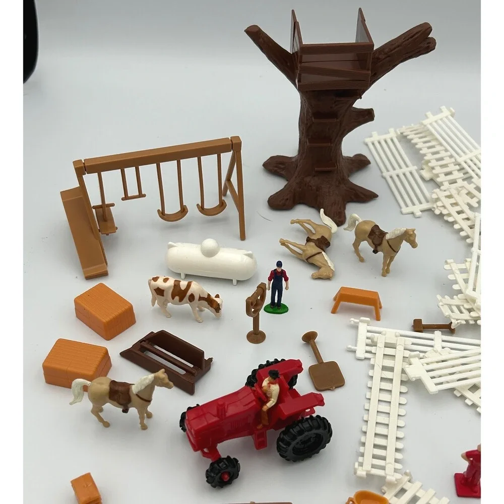 Vintage Miniature Farm Playset Lot Red Tractor Animals Fencing Treehouse Figures